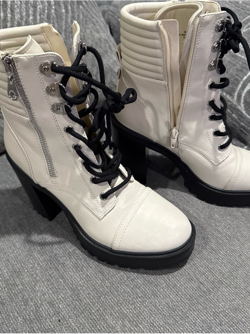G by Guess White Chunky Lace-Up Platform Ankle Boots with Black Lug Sole